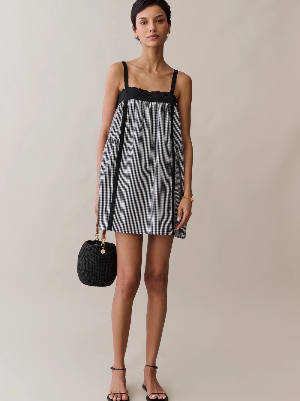 Gingham Babydoll Mini Dress in Black and White